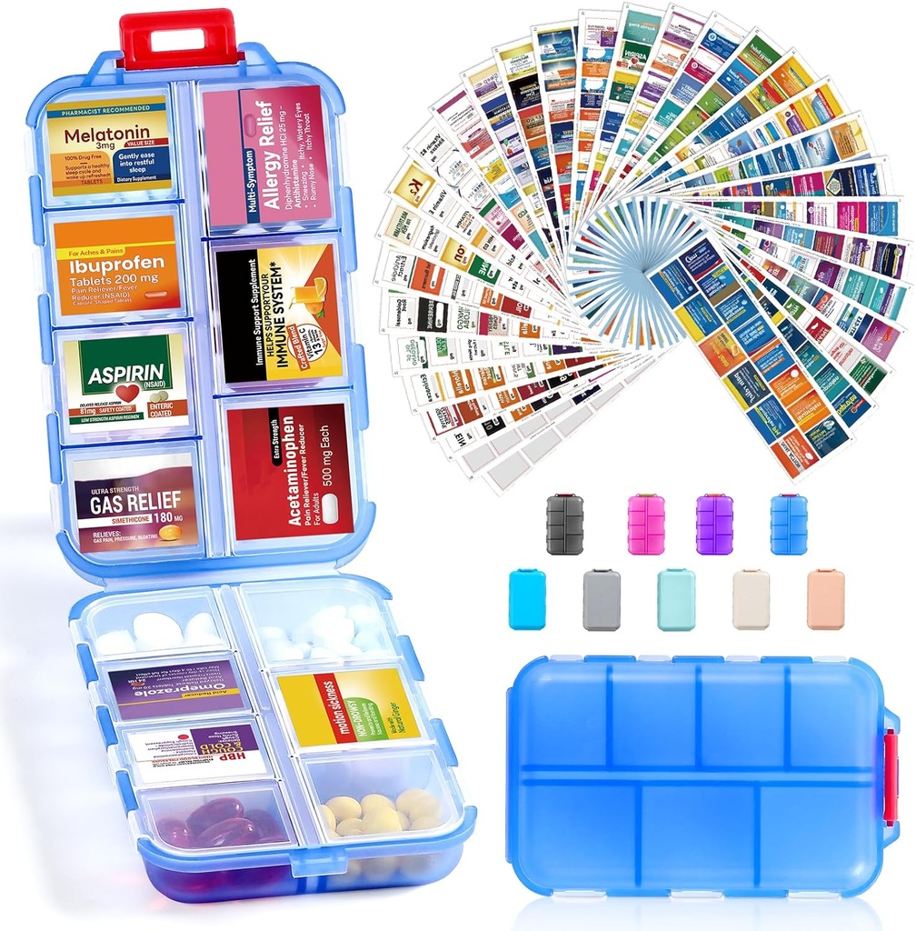 14 Grids Travel Pill Organizer Box med 415-Pcs Medicine Navn Labels - Pocket Daily Apotacy Case Container Kit - Travel Medication Holder Dispenser for Fish Oil Vitamin Supplement Opbevaring - Clear Blue