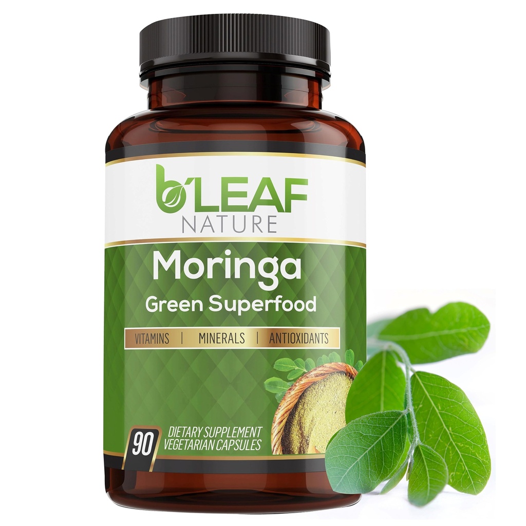 B 'LEAF NATUR Organic Moringa Kapsler 1000mg, 90 Count - Moringa Kapsler med Organic Olefeira pulver til immunforsvar, energi & balance - Vegan, non-GMO kosttilskud til daglig wellness