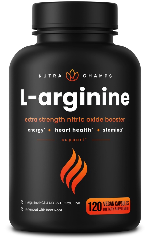 NutraChamps L- Arginin Supplement 1000mg + L- Citrullin 250 mg & Beet Root - Nitrooxide Booster for Heart Health, Energy & Stamina - Ekstra styrke Aminosyrekompleks - 120 Vegankapsler