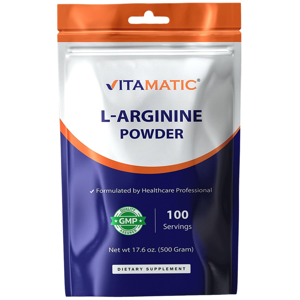 Vitamatisk L- Arginin Pure Powder 500 Gram Beeg 124; Unflavored • 124; Non gmo - 124; Gluten Free - 124; Ingen tilsætningsstoffer - 124; 5000mg Per Servering • 124; 100 Servering