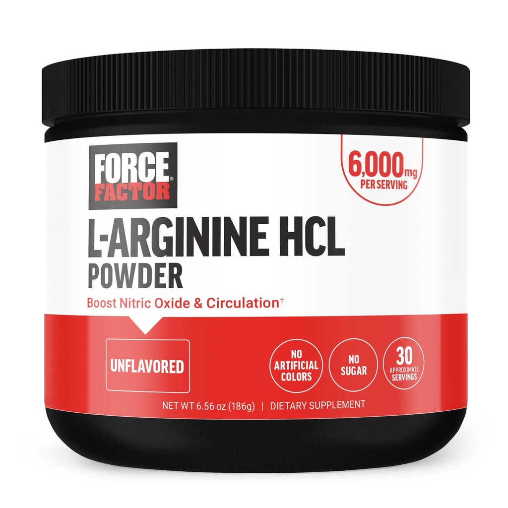 Kraftfaktor L Arginin HCL, L- Arginin supplement til boost nitrogenoxid for bedre cirkulation, blodgennemstrømning og muskelpumper, L Arginin Powder 6000mg, Unflavored, 30 Serveringer