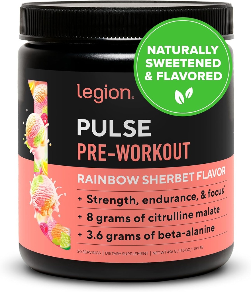 LEGION Pulse Pre Workout - Alle naturlige nitrogenoxid Preworkout Drink til Boost Energy, Kreatin Free, naturligt sødet, Beta Alanine, Citrulline, Alpha GPC (Rainbow Sherbet)