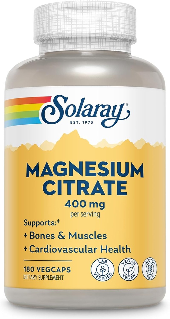 SOLARAY Magnesium citrat 400mg - Magnesium supplement - Knoglesundhed, muskel, afslapning og hjerte sundhed support - Forbedret absorption, Vegan, Gluten Free, 60- dag garanti, 60 Servere, 180 VegCaps
