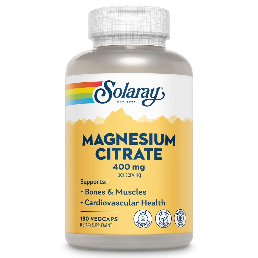 SOLARAY Magnesium citrat 400mg - Magnesium supplement - Knoglesundhed, muskel, afslapning og hjerte sundhed support - Forbedret absorption, Vegan, Gluten Free, 60- dag garanti, 60 Servere, 180 VegCaps