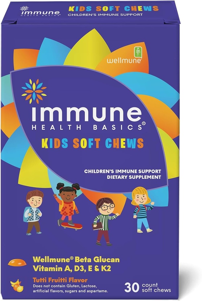 Kids Soft Chews med Wellmune ® - 124; Natural Beta Glucan- tillæg for immunforsvar & Daglig Wellness - 124; Allergen- Free & No Added Sugar - 124; Tutti- Frutti Flavor, 30 Soft Chews