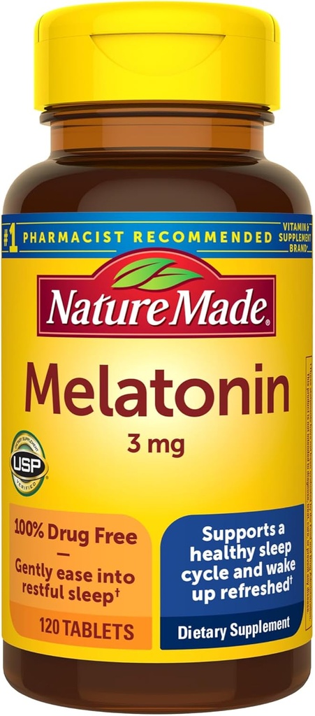Nature Made Melatonin 3 mg sovemidler til voksne, 100% medicin gratis sovemidler, sovetilskud, 120 tabletter, 120 dages forsyning