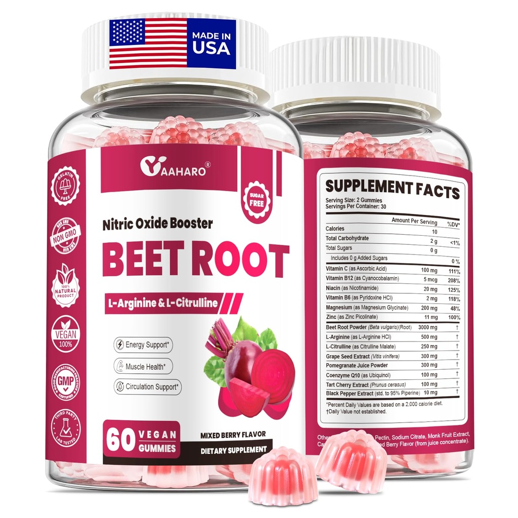 Beet Root Gummies - Nitrooxide Booster Kosttilskud til mænd og kvinder med rødbeder, L-Citrullin & L-Arginin - Heart, Muscle & Circulations Support - Sugar Free, Vegan, Blandet Berry Flavor, 60 Gummies