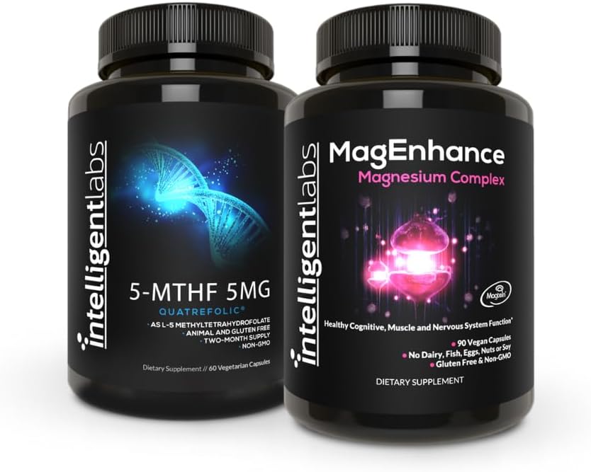 Intelligente Labs 2- in-1 Bundle of Magenhance Supplement (med Magnesium L- Threonat, Glycinat & Taurat) og 5MG 5- MTHF Methylfolat som Quatrecolsyre ® (MTHFR Supplement for Methylering Support)