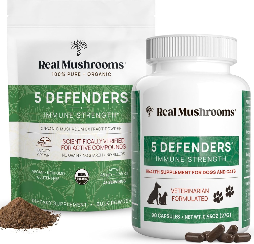 Real Mushrooms 5 Defenders for Humans (45g) & Pets (90ct) - Pouch & Capsules Bundle - Chaga, Shiitake, Maitake, Turkey Tail & Reishi Mushroom - for Immune Strength & Overall Wellbeing - Vegan, Non-GMO