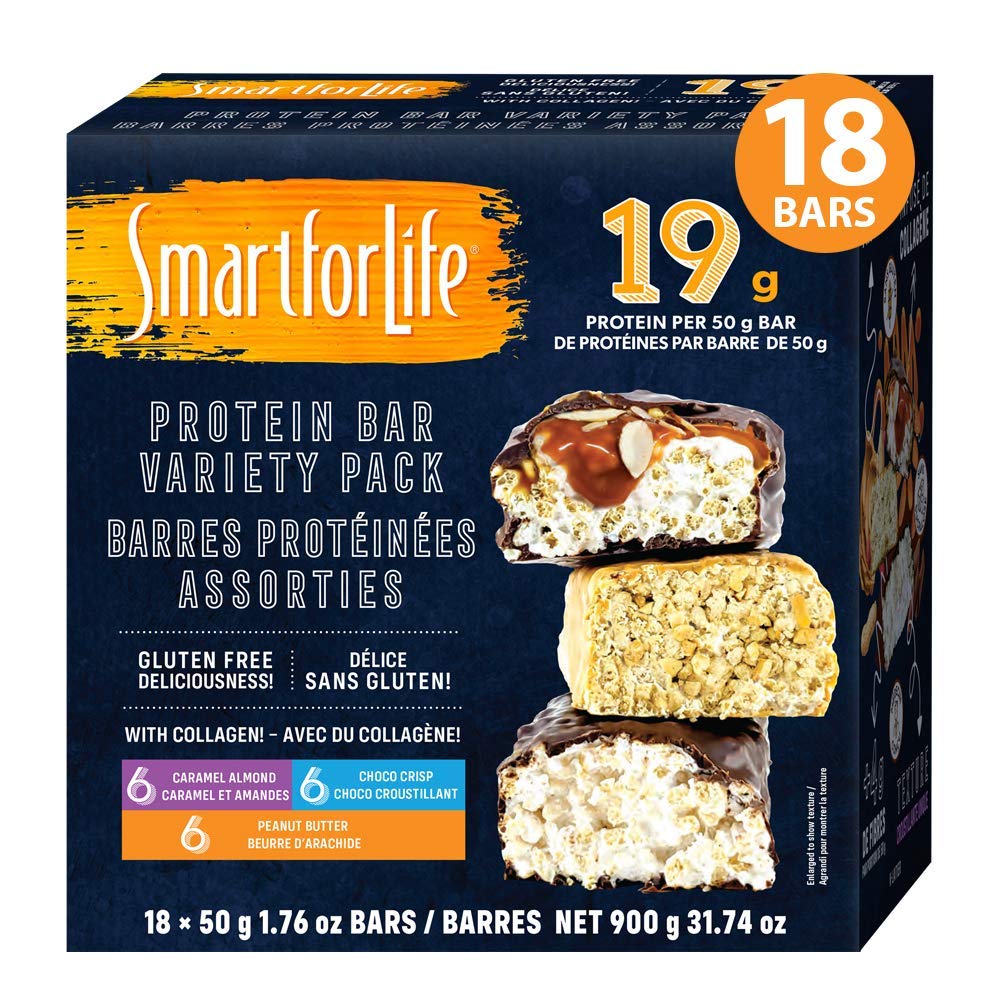 Smart for livet - High Protein, Lavsukker Bar Variety Pack, Gluten Free Caramel Mandel, Chokolade & Jordnøddesmør Chokolade Crunchy Meal Erstatning Barer arbejder med Cookie Diet Non- GMO 18ct