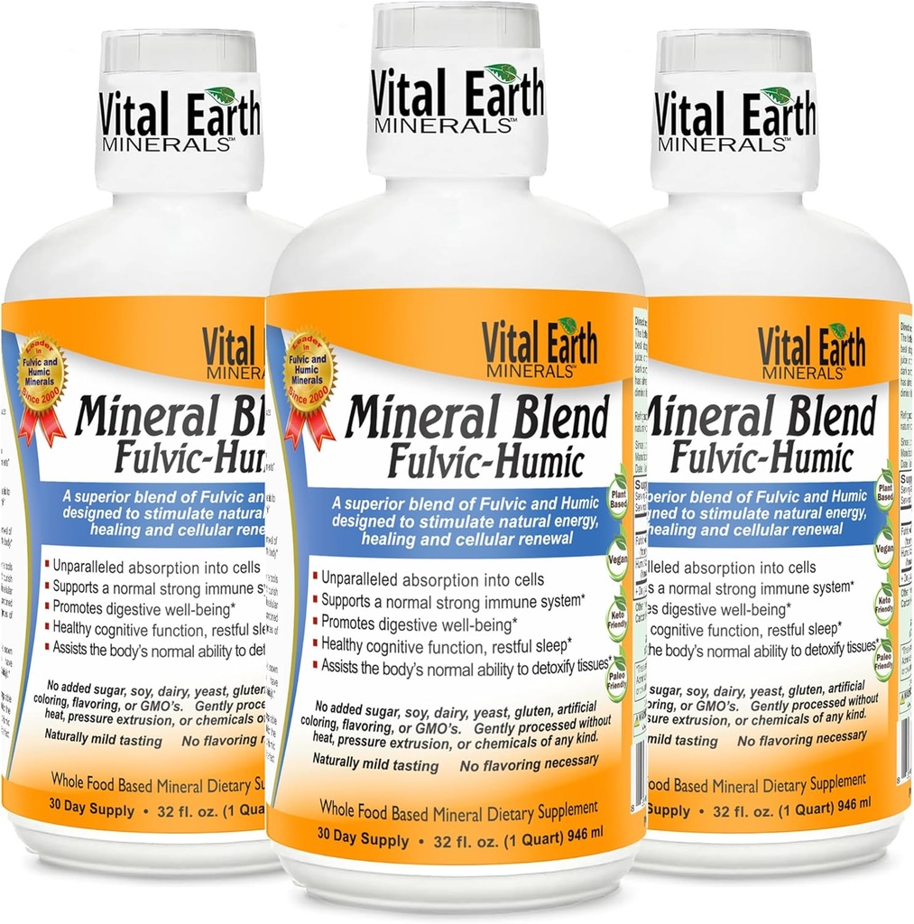 Vital Earth Minerals Fulvic Humic Mineral Blend Liquid 3- Pack - Fulvic Acid Supplement med 70 + Trace Minerals, Electrolytes for Recovery, Balance & Energy, 32 Oz Ea + 1 Oz Cup Ea