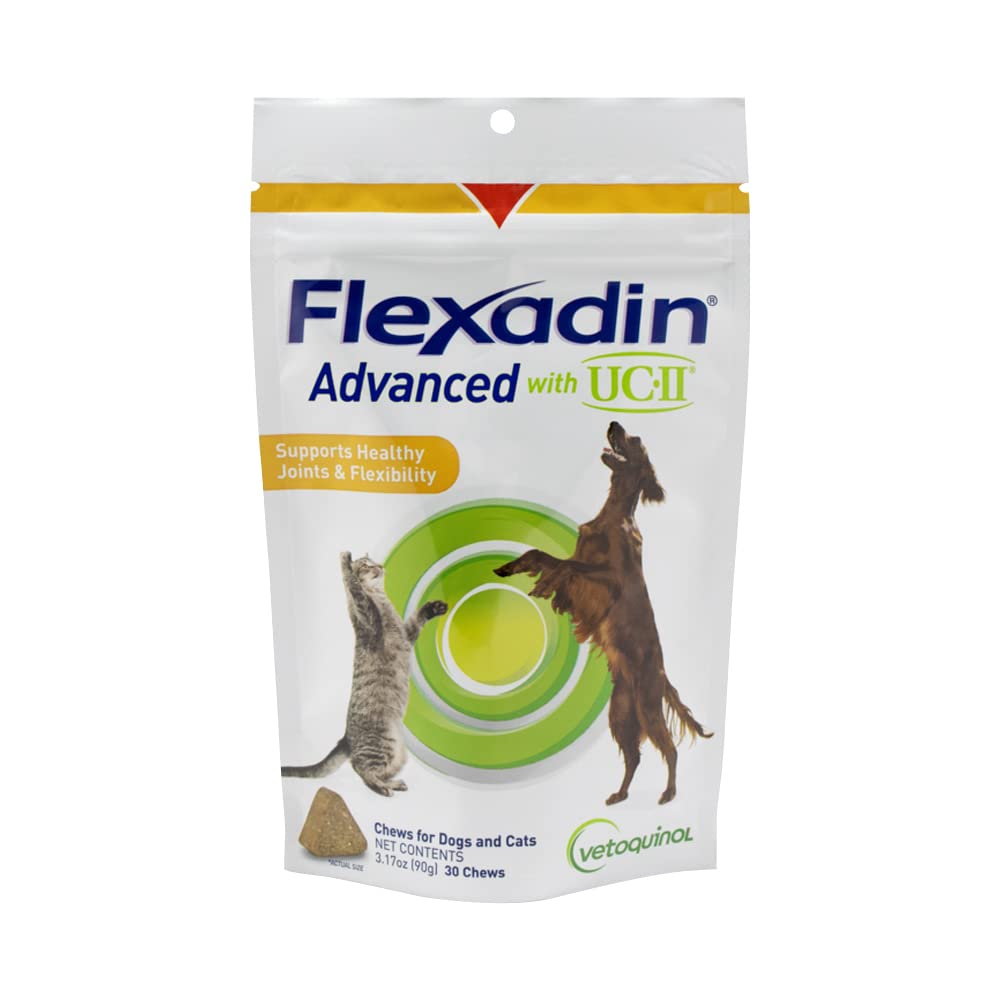 Vetoquinol Flexadin Advanced Hund Hip og fælles tillæg med ikke-denatureret Collagen, En Chew en dag Hip og fælles støtte Chew for hunde og katte, Klinisk Proven Vet- Godkendt formel, 30 Chews