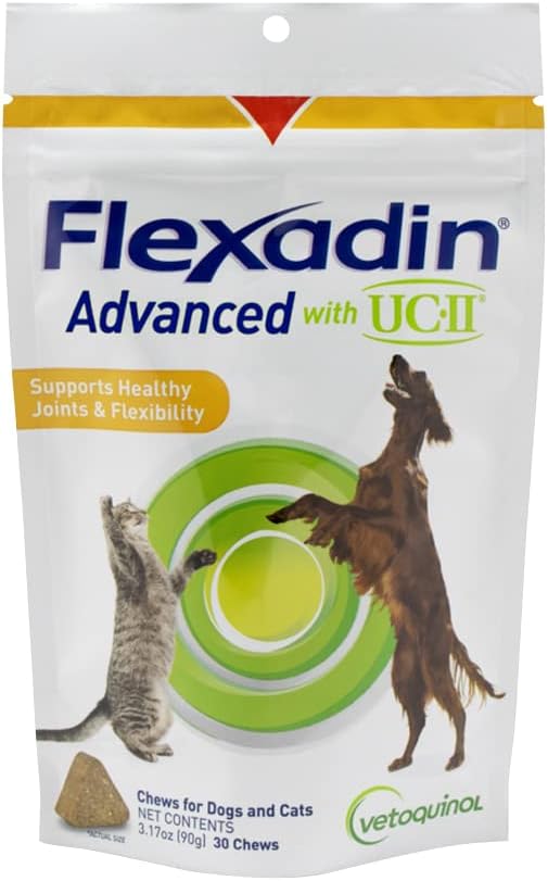 Vetoquinol Flexadin Advanced Hund Hip og fælles tillæg med ikke-denatureret Collagen, En Chew en dag Hip og fælles støtte Chew for hunde og katte, Klinisk Proven Vet- Godkendt formel, 30 Chews