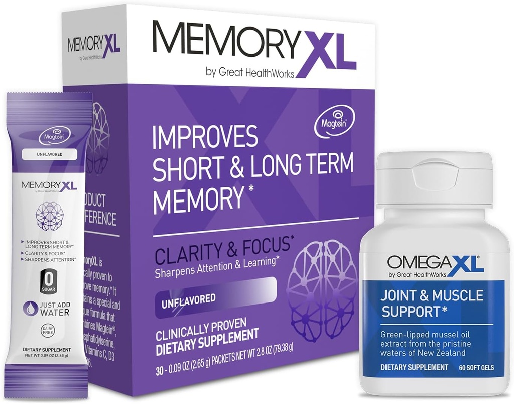 OmegaXL Joint Support, for Relief - Natural Muscle Support, Green Lipped Mussel Oil, 60 Count & MemoryXL, Magnesium L- Threonate: Brain Supplement for Memory & Focus Unflavored 30 Pack