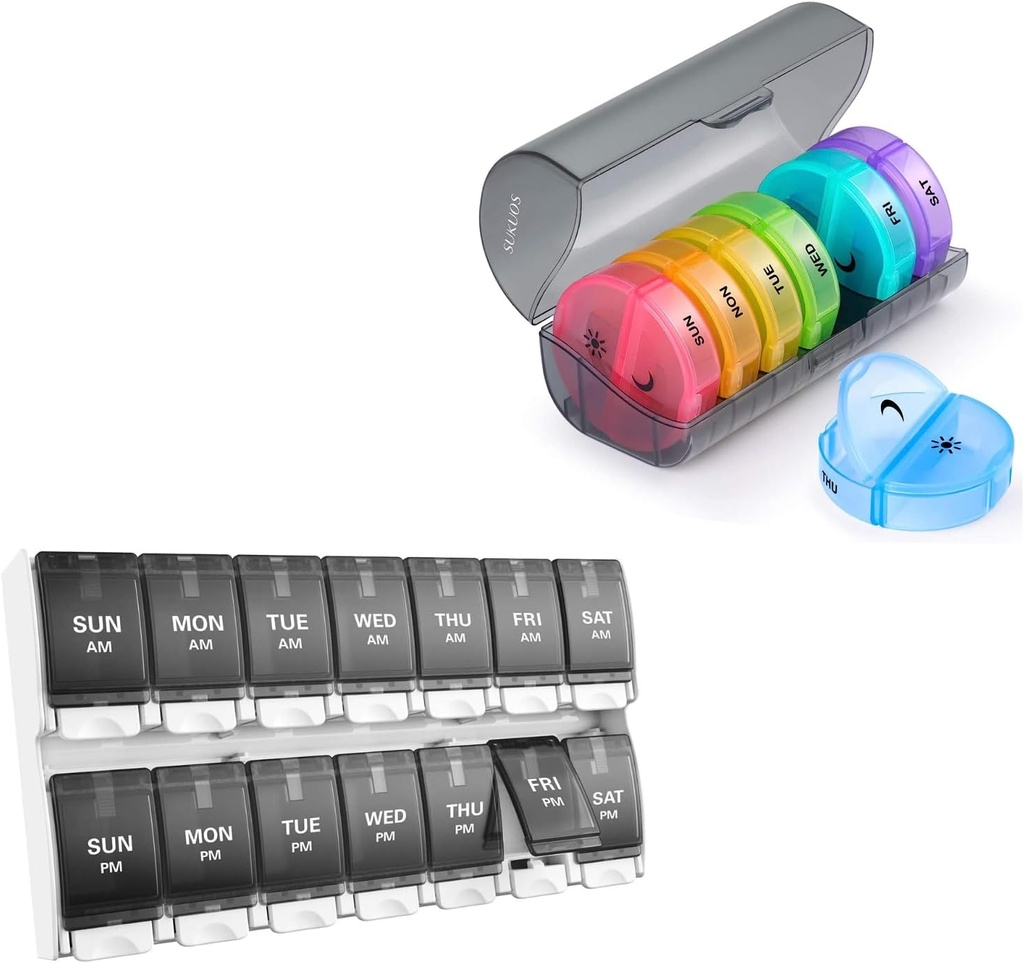 2 Pack Weekly Pill Organizer 7 Dag 2 gange om dagen, Sukuos store daglige piller sager for piller / Vitamin / Fish Oil / Kosttilskud