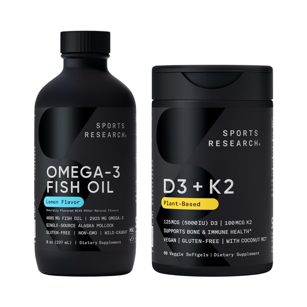 Sports Research® Ultra-Potent Liquid Omega-3 Fish Oil (8 oz) + Vegan Vitamin D 5000iu & Mk7 Vitamin K 100mcg (60 Softgels)