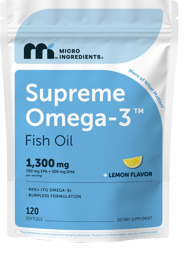 Micro Ingredients Supreme Omega-3 Fish Oil w/Ultra High EPA & DHA, Burpless Softgels | rTG Omega-3 with Vitamin D3 | Wild-Caught Cold Deep-Sea Fish | Lemon Flavor, Easy to Swallow, 120ct