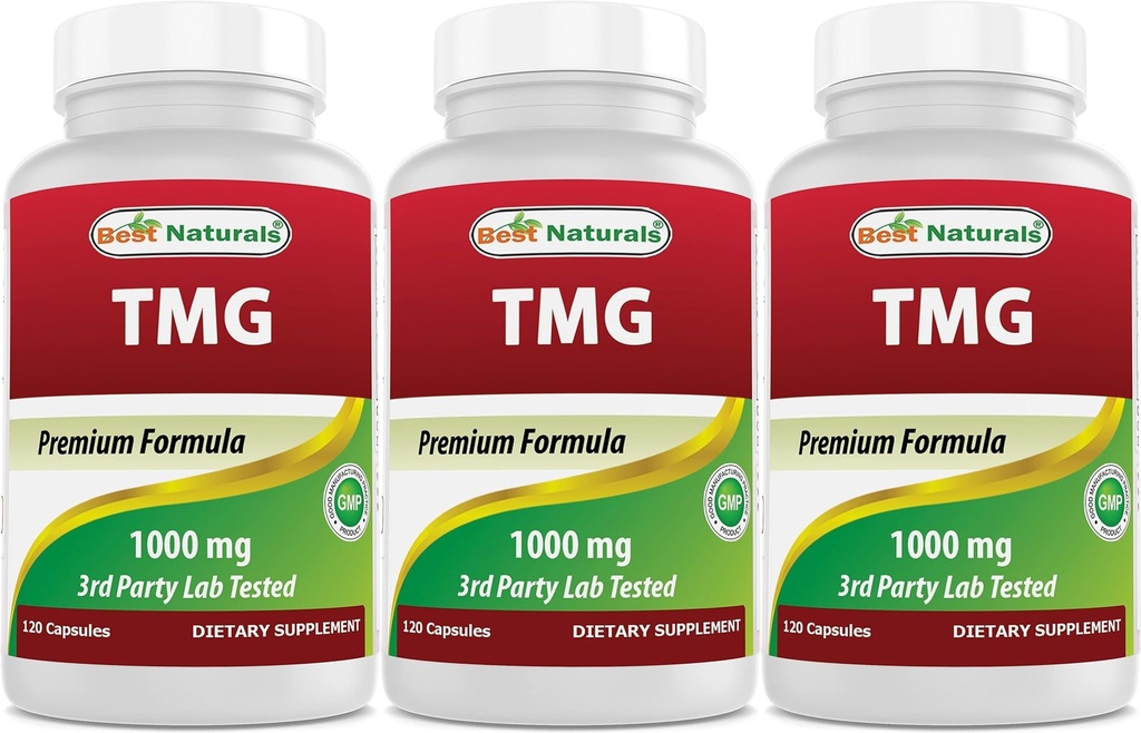 Bedste Naturals TMG trimethylglycin (som betain anhydrid) 1000 mg servering - 120 kapsler - sunde homocysteinniveauer og metylering support (120 greve (pakke med 3))