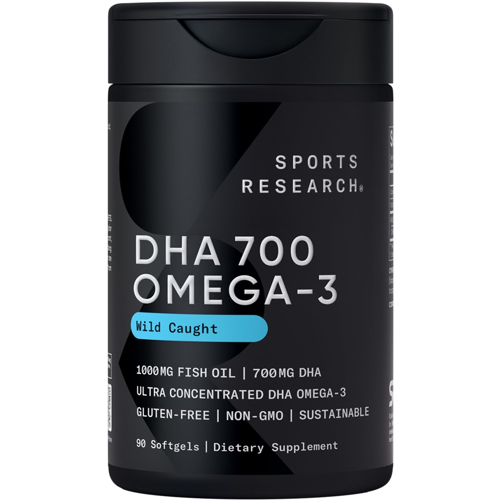 Sports Research® DHA Omega-3 Fish Oil 700 mg – Single Source Wild-Caught Fish – Supports Brain Health* – Burpless, Non-GMO, Gluten-Free, Sustainably Sourced – 90 Softgels