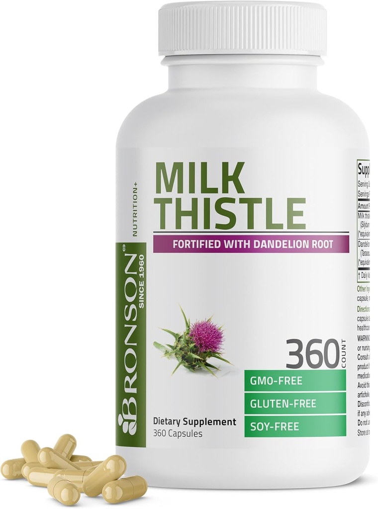 Bronson Milk Thistle Silymarin Marianum & Mælkebøtte Root Lever Health Support, Antioxidant Support, Detox, 360 Kapsler