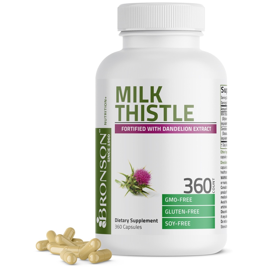 Bronson Milk Thistle Silymarin Marianum & Mælkebøtte Root Lever Health Support, Antioxidant Support, Detox, 360 Kapsler