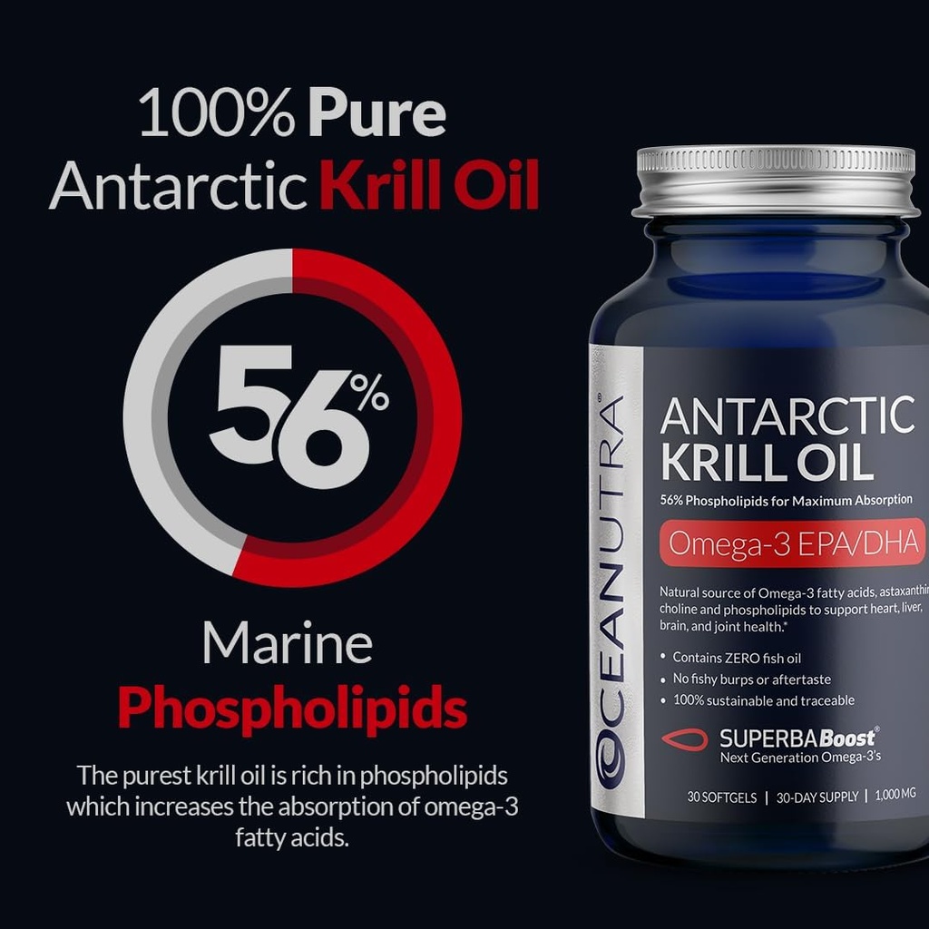 100% Pure Krill Oil 1000MG 120- Day Supply Double Strength 56% Phospholipider Astaxanthin Sustaxanthin Sustaxanthin Antarktis SuperbaBoost Omega 3 EPA DHA Heart Brain Skin Care, Third-Party Testet, Ingen Fish Oil