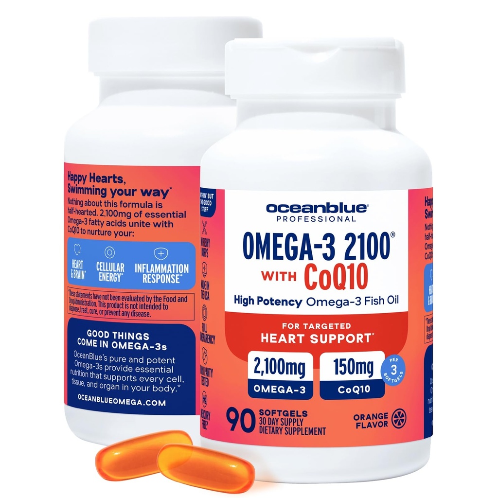 Oceanblue Professional Omega-3 2100 with CoQ10 - Triple Strength EPA DHA Omega 3 Supplement - Heart Health & Cellular Energy - Orange Flavor - 90 Softgels (Pack of 2)
