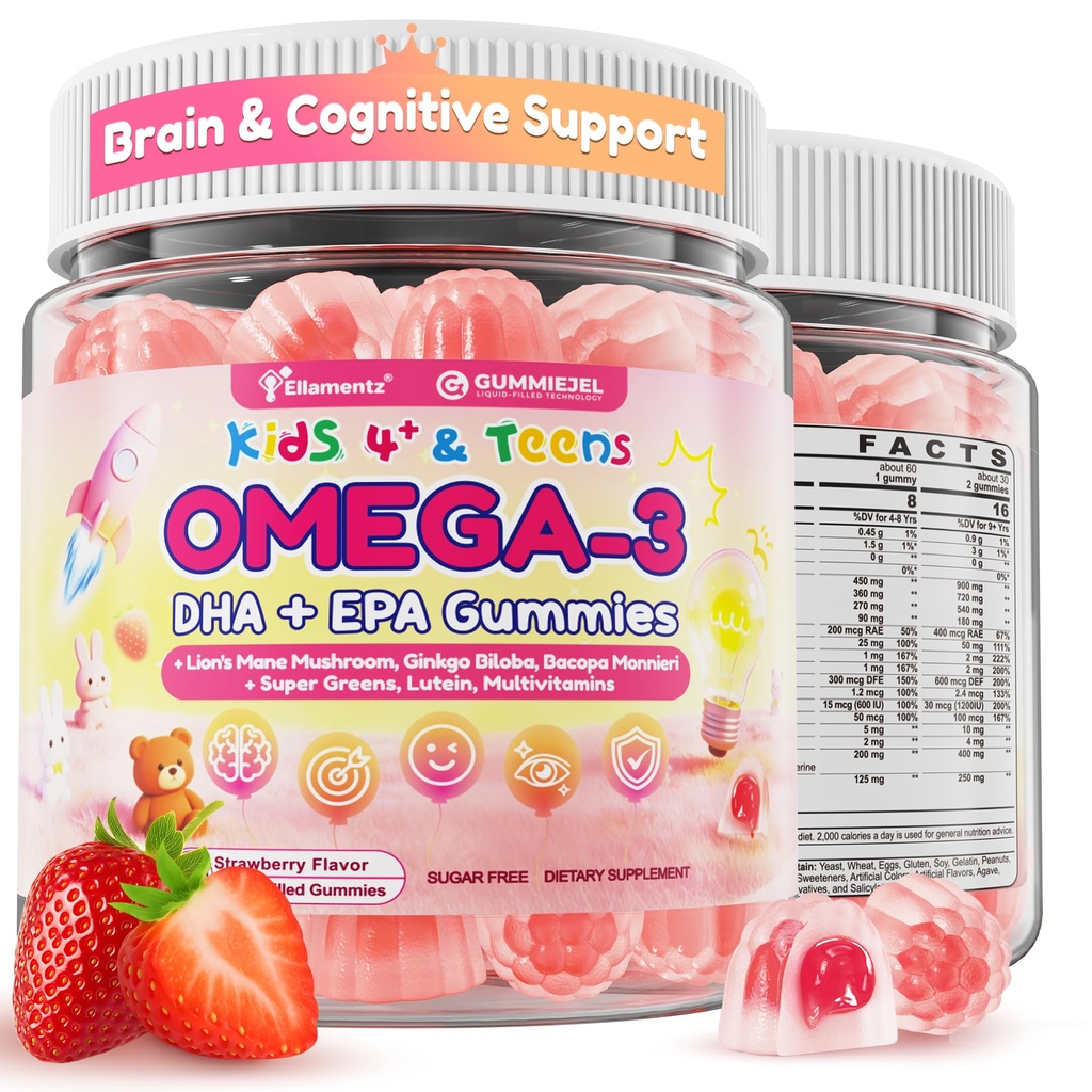 Omega 3 for Kids & Teens, High DHA Algal Oil Gummies w/Lion's Mane, Super Greens, Lutein, Methyl B12 B9, D3 K2 for Brain Focus, Vision & Immunity, 0g Sugar Kids Focus Vitamins, No Fish Burps, 60cts