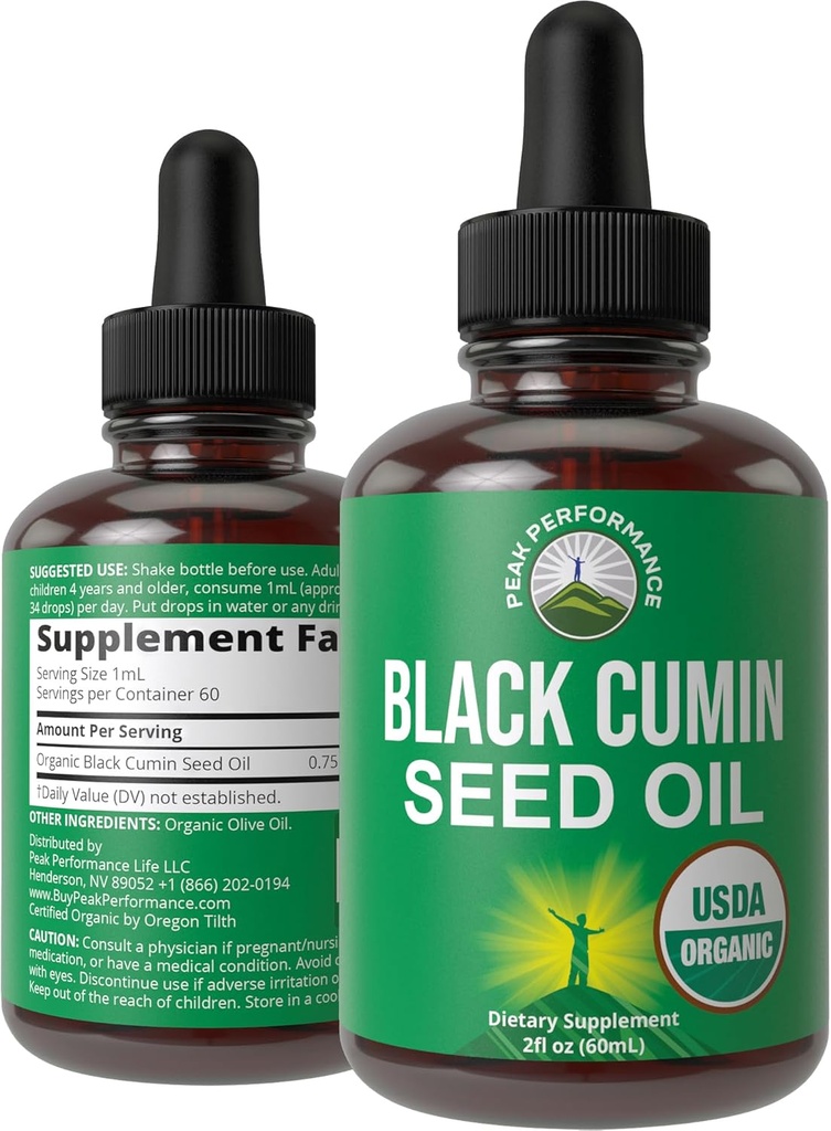 USDA Organic Black Seed Oil Liquid Drops Supplement. Vegan Black Cumin Seed Oil for kvinder & mænd. Zero Sugar, Non Bitter. Høj Biotilgængelighed, Gluten Free