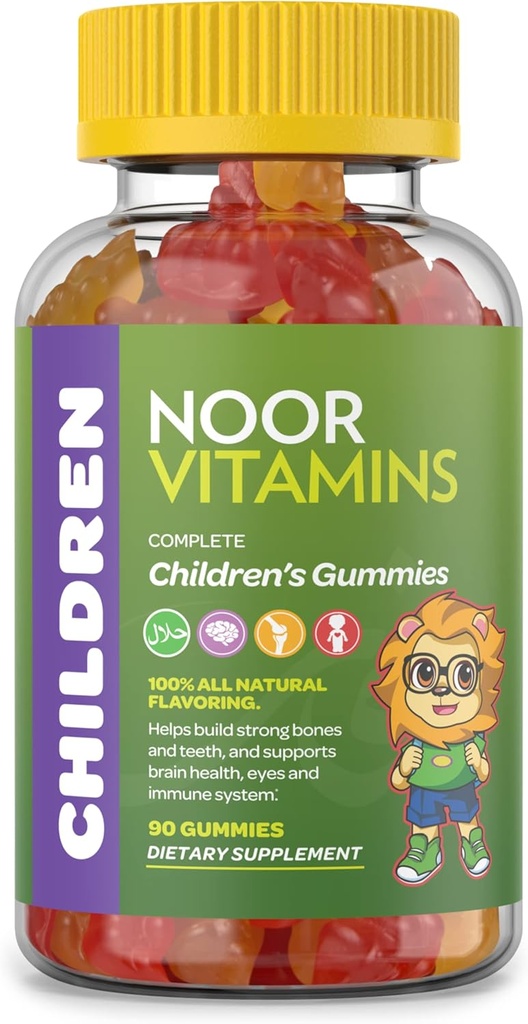 Halalvitaminer, Kids Vitamin, Kids Multivitamin Gummies Noor Vitamin: C-vitamin til børn, D3, og Zink til immunitet, B6 B12 til energi. Ikke-GMO, Halal Gummies - 90 Count Gummy Vitaminer til børn