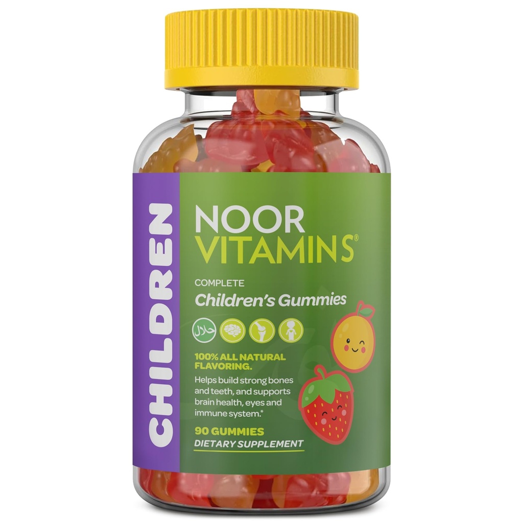 Halalvitaminer, Kids Vitamin, Kids Multivitamin Gummies Noor Vitamin: C-vitamin til børn, D3, og Zink til immunitet, B6 B12 til energi. Ikke-GMO, Halal Gummies - 90 Count Gummy Vitaminer til børn
