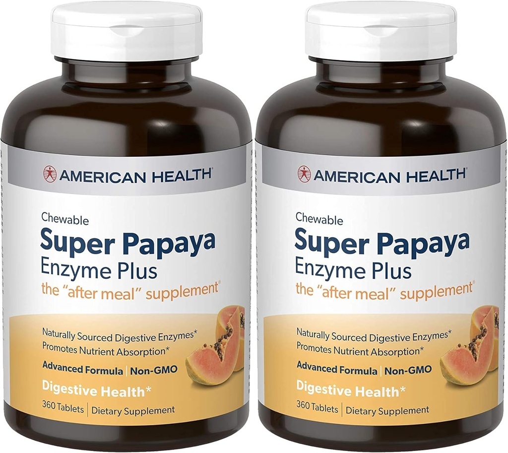 American Health Super Papaya Enzyme Plus tyggetabletter, Natural Papaya Flavor - fremmer fordøjelse & næringsstof Absorption, indeholder papain & andre enzymer - 360 greve - pakke med 2