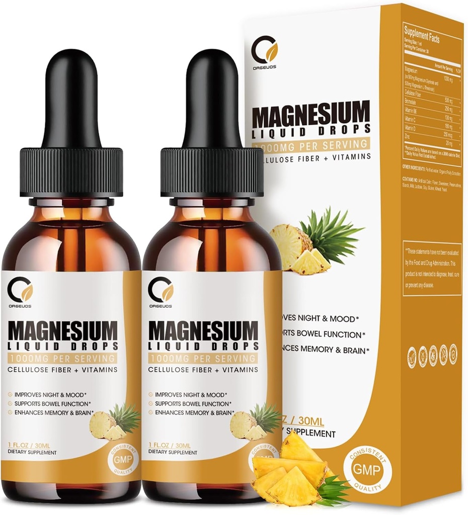 (2 Pack) Magnesium Glycinat Supplement flydende dråber til kvinder og mænd, 1000mg høj Absorption med bromelain, C-vitamin, B6, D, zink, til rolig afslapning muskel, tarm energi, ananas smag
