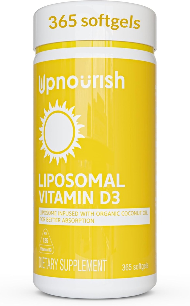 UpNourish Liposomal Vitamin D3 5000 IE Softgels - 1 års forsyning med 124; Organic Coconut Oil Infured Vitamin D Kosttilskud - Support Bone, Dental, Heart, Mood & immun Health - Non GMO Gluten Free - 365 ct