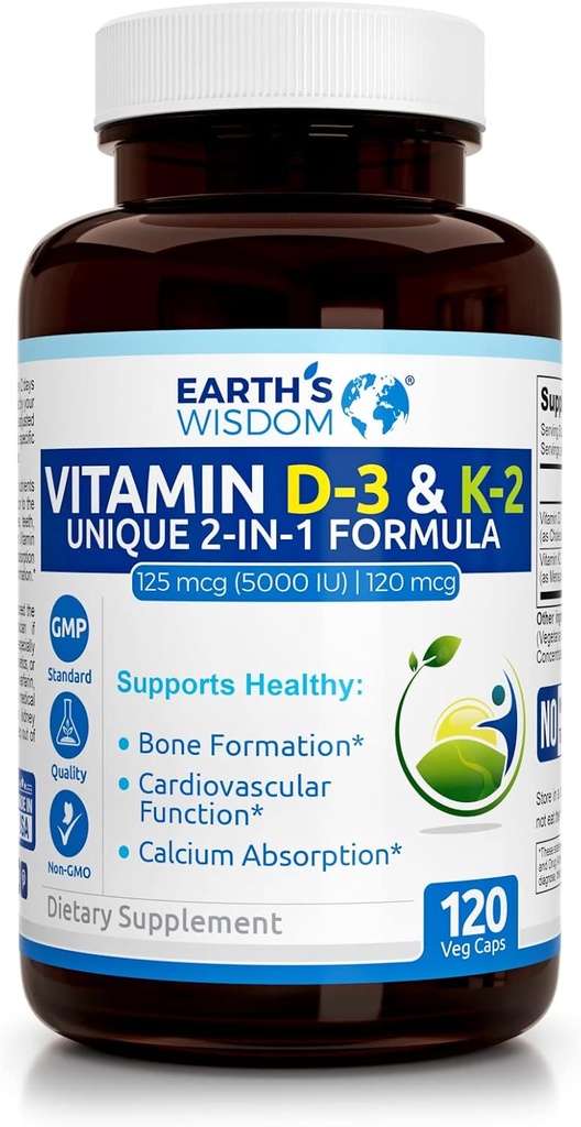 Jordens Visdom Vitamin D3 5000 IE med K2 (MK7) Formel. Muskel, ben, hjerte og immunforsvar. Superior Absorption. 120 Kapsler. Fri for Gluten, Dairy, Soy. Fremstillet i USA.