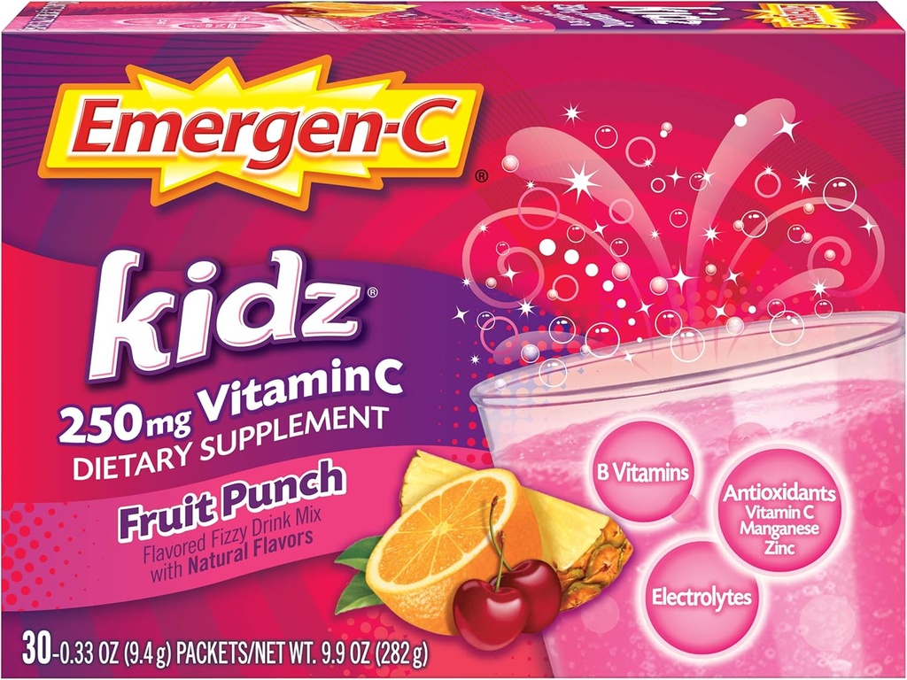 Emergen- C Kidz 250 mg Kids Vitamin C pulver, koffein fri, immunstøtte drik mix, frugt punch flavor - 30 greve / 1 måned levering