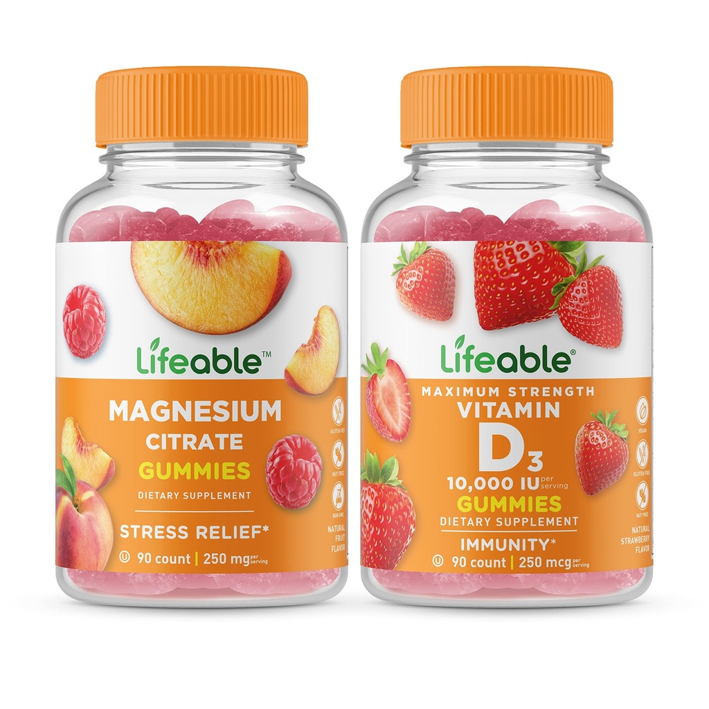 Lifeable Magnesium 85mg + Vitamin D 10000 IU, Gummies Bundle - Great Tasting, Vitamin Supplement, Gluten Free, GMO Free, Chewable Gummy