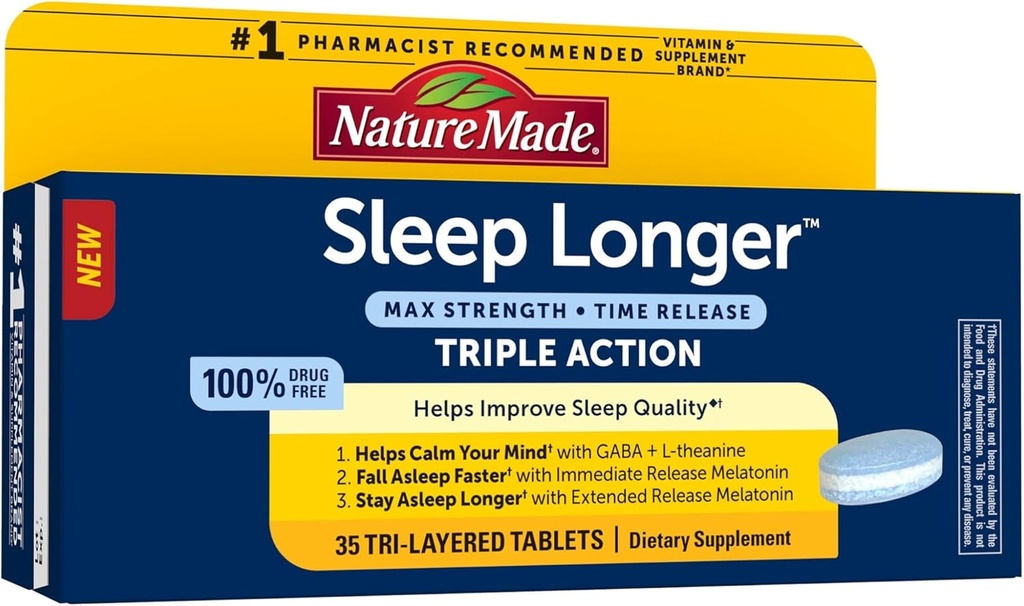 Nature Made Sleep Longer, Melatonin 10mg Time Release Tri-Layer Tablets, Helps Improve Sleep Quality, Fall Asleep Faster, Stay Asleep Longer, L-Theanine and GABA to Help Calm Your Mind, 35 Tablets