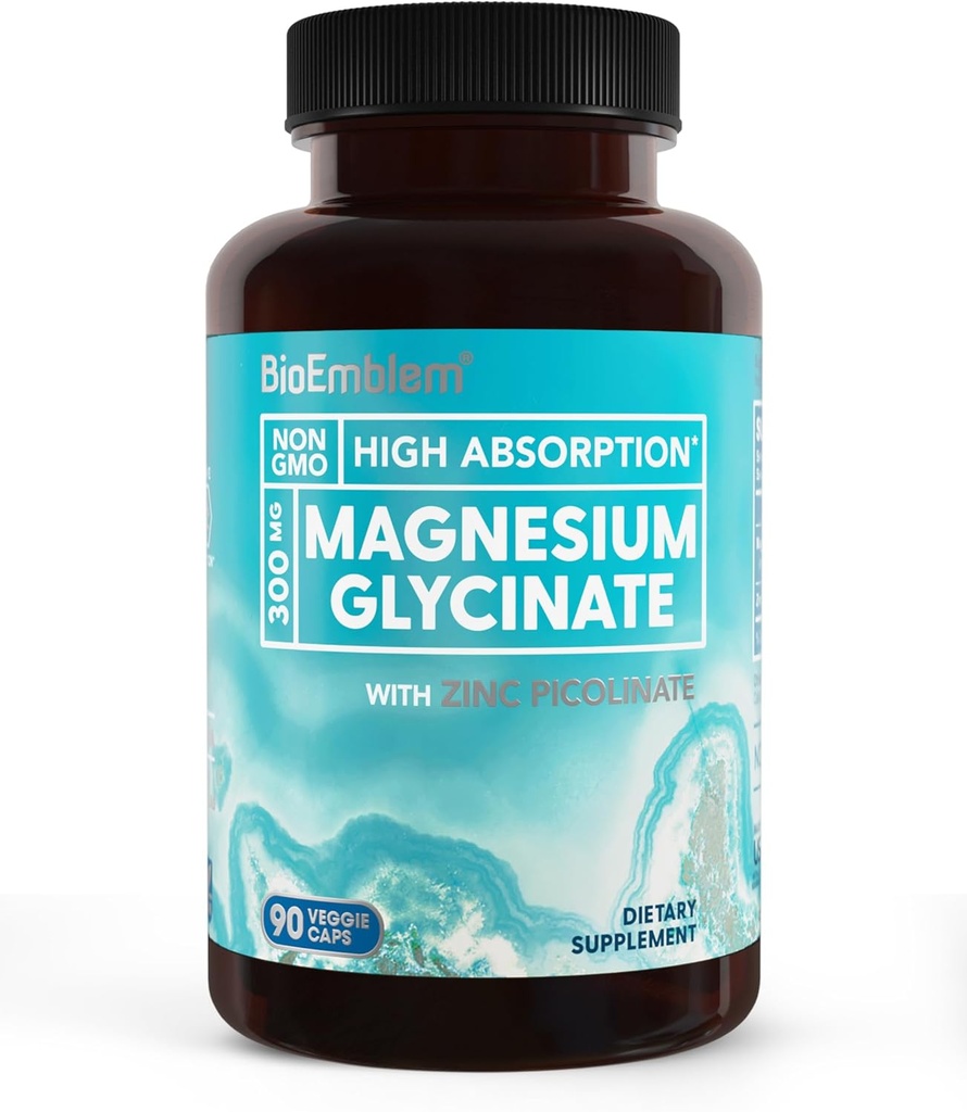 Bioemblem Magnesiumglycinat med zink - 300mg chelateret Magnesiumtillæg - Høj Absorption Vegan non- GMO 2- in-1 Complex - immunforsvar, muskler, nerver - 90 kapsler