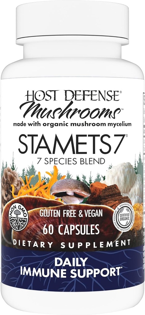 Host Defense Stamets 7-7 Art Blend - Mushroom supplement til immunforsvar - Inkluderer Royal Sun Blazei, Cordyceps, Reishi, Maitake, Lion 's Mane, Chaga & Mesima - 60 kapsler (30 Servere) *