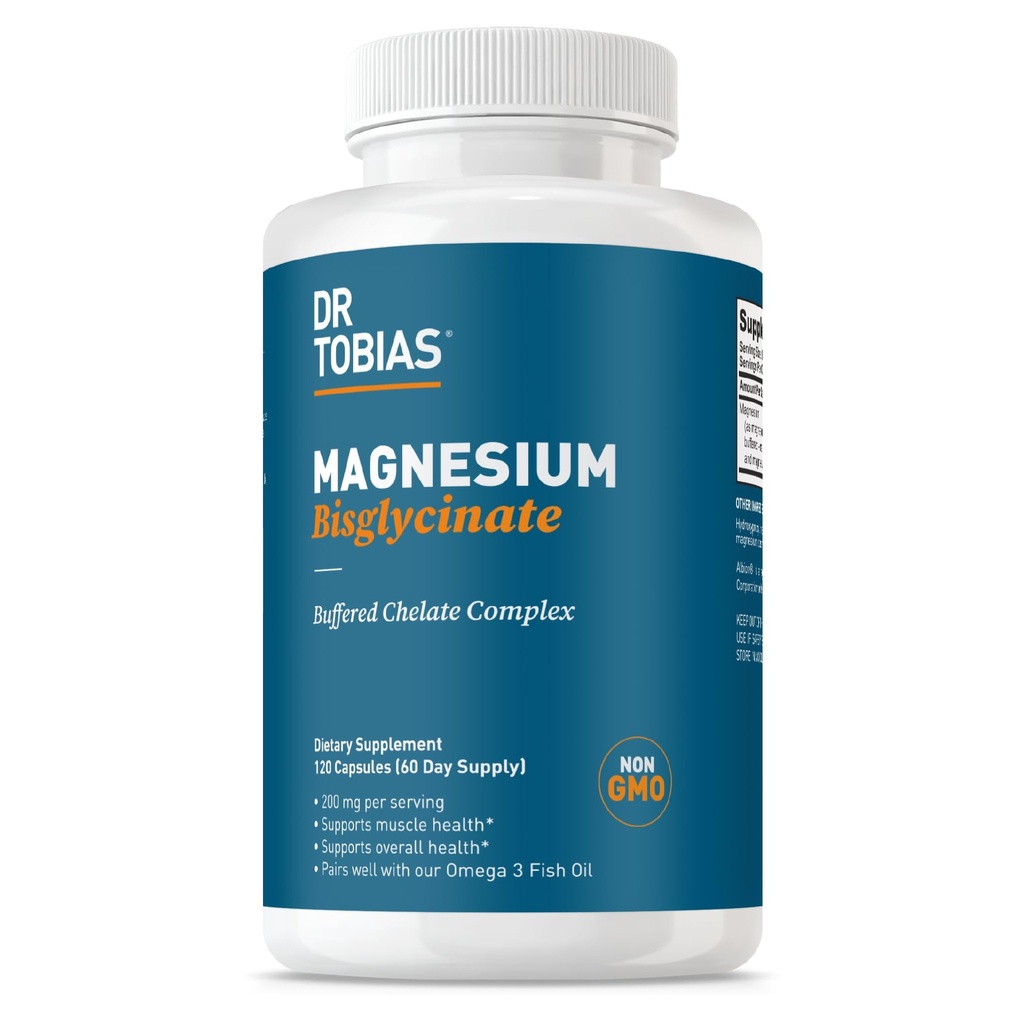 Dr. Tobias Magnesium Bisglycinat, Høj Absorption Magnesium Buffered Chelate Complex, 200 mg per kapsel, understøtter energi, muskel, ben & fælles sundhed, non- GMO Magnesium supplement, 120 kapsler