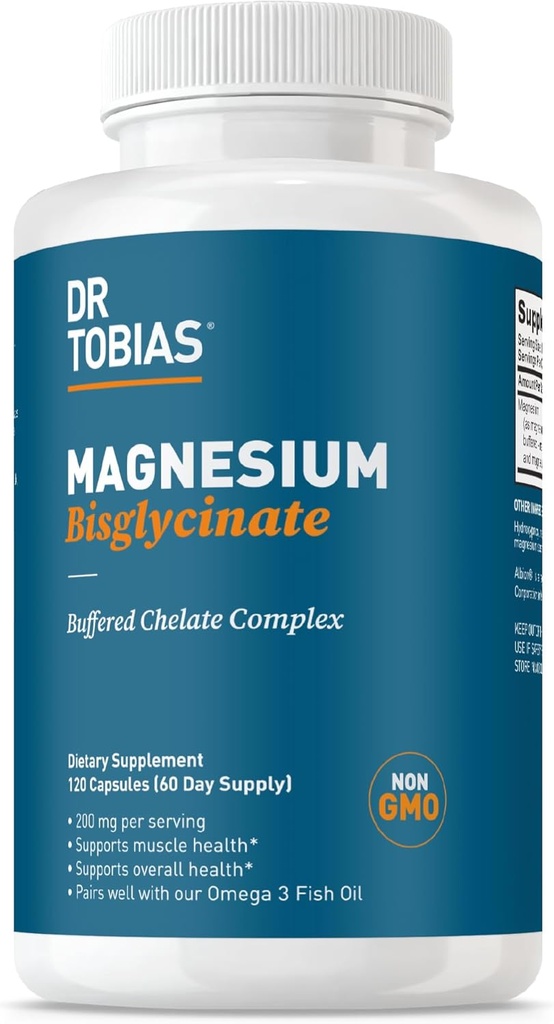 Dr. Tobias Magnesium Bisglycinat, Høj Absorption Magnesium Buffered Chelate Complex, 200 mg per kapsel, understøtter energi, muskel, ben & fælles sundhed, non- GMO Magnesium supplement, 120 kapsler