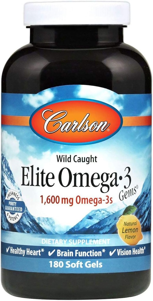 Carlson Elite Omega-3 Gems, Norwegian, 1, 600 mg Omega- 3s, Soft Gels, 180 Count