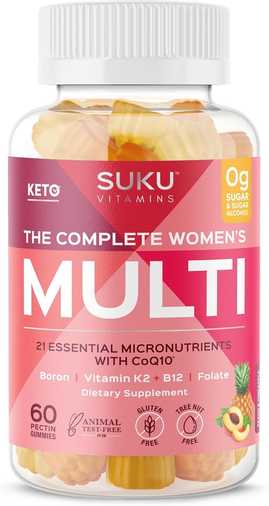 SUKU Vitaminer - Complete Women 's Multi - med bor, Vitamin K2, B12, A og mere til kvinder sundhed - Let at tygge - Ikke GMO, Gluten Sugar Free - Ananas & Peach Flayed Gummy Vitaminer, 60 Greve