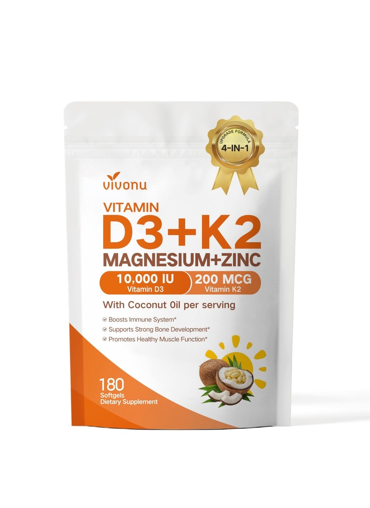 VivoNu Vitamin D3 K2 10,000 IU Magnesium Supplement – 4-in-1 with Vitamin D and K (MK-7), Magnesium Glycinate & Zinc Citrate – 180 Softgels for Energy, Bone* & Muscle* Support*