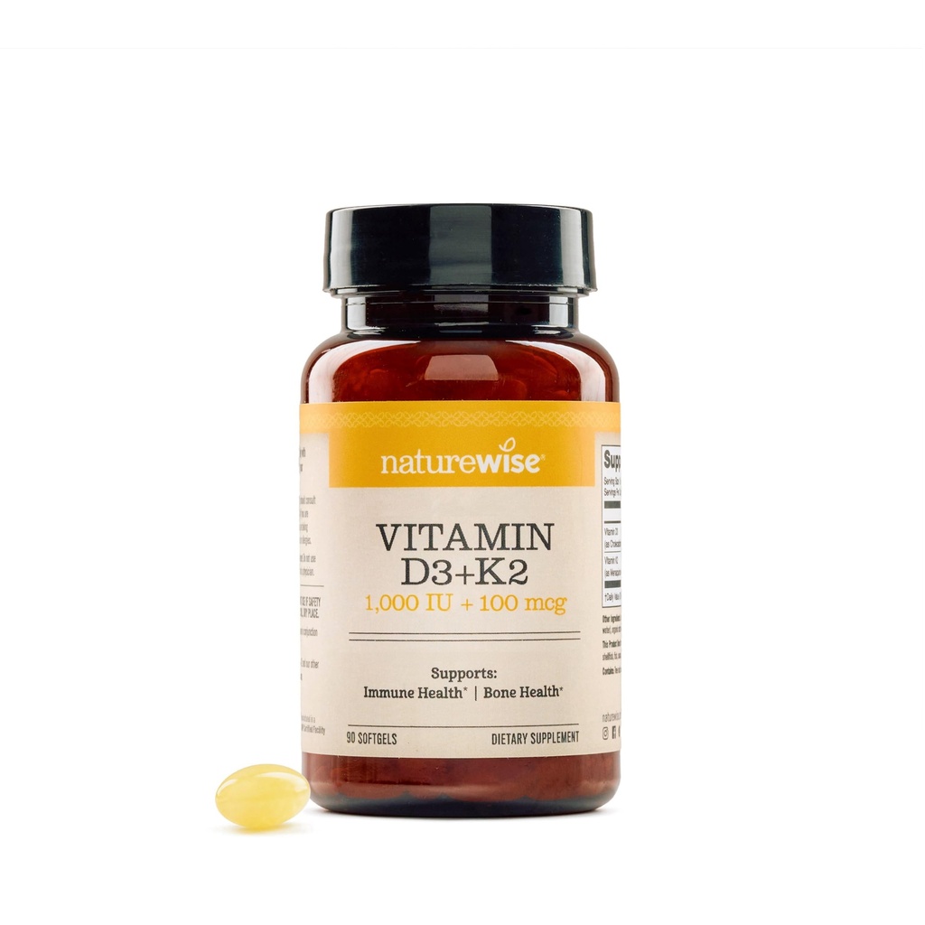 NatureWise Vitamin D3 1000IU + K2 (MK7) 100mcg with Organic Extra Virgin Coconut Oil - Supports Calcium Absorption, Bone & Immune Health - Non-GMO, Soy & Gluten-Free - 90 Softgels[3-Month Supply]