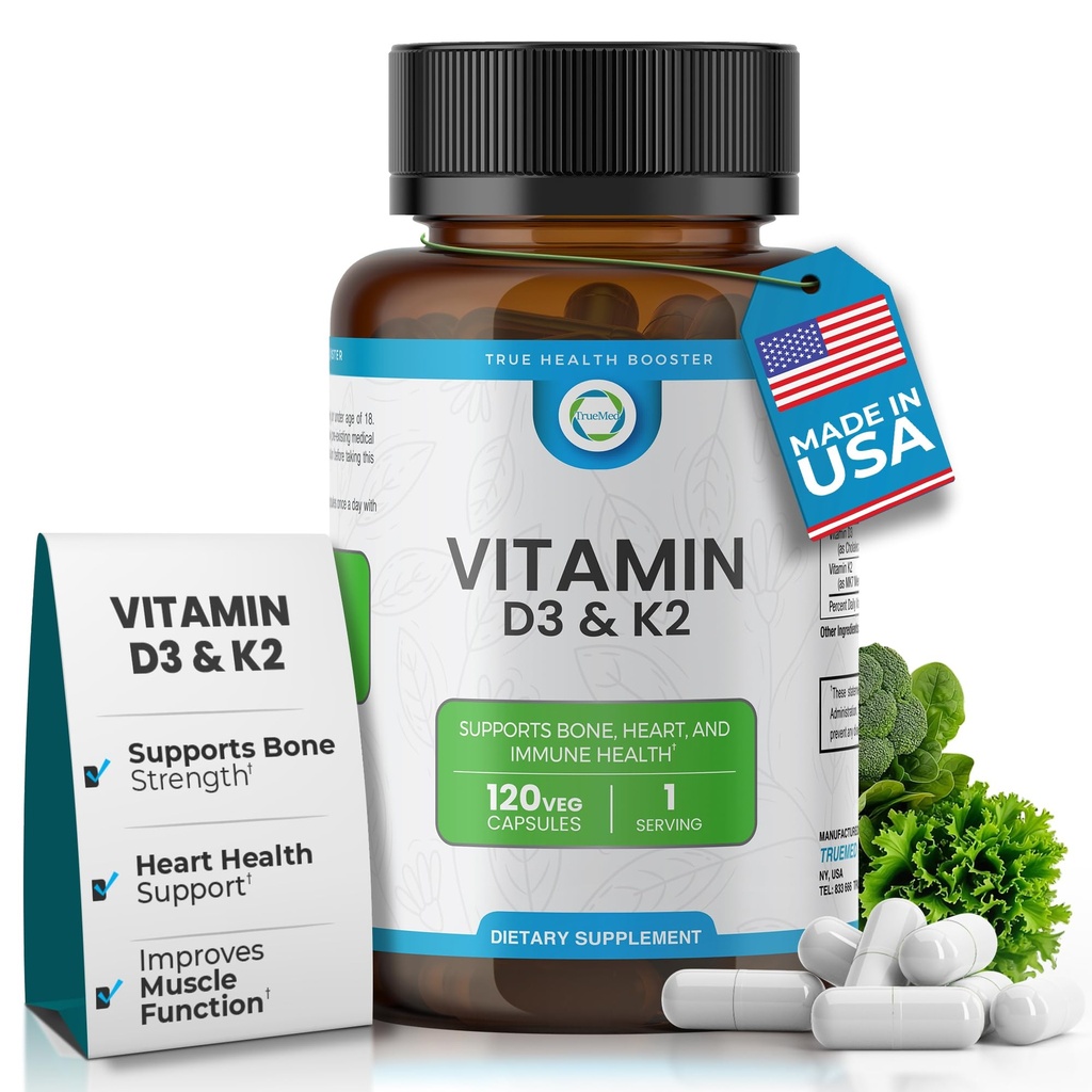 Vitamin D3 K2 5000 IU (MK-7 90 mcg) Supplement – 120 Veg Capsules – K2 D3 Vitamin Supplement for Bone, Heart & Immune Support & Calcium Absorption- Non-GMO, Gluten Free - Made in USA