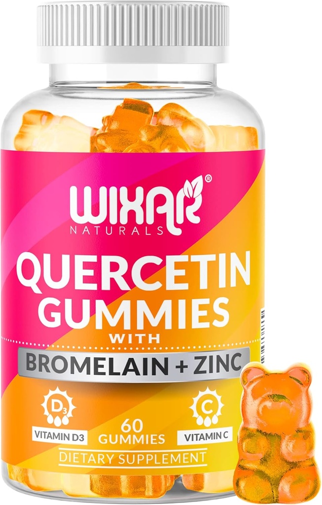 Quercetin Gummies - Quercetin 500mg med bromelain, zink, C-vitamin & D3 - Quercetin Gummy Kosttilskud til immunforsvar og allergier - Immunitet Booster Vitaminer supplement - 60 tyggetabletter