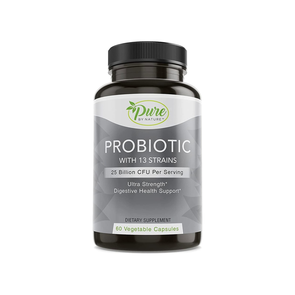 Pure by Nature Probiotika for kvinder & mænd, 13 Stammer med 25 Millioner CFU, Probiotika for fordøjelsessygdomme, Gut Health, immunforsvar, Bloating & Constipation, Vegan & Shelf- Stable, 60 Kapsler