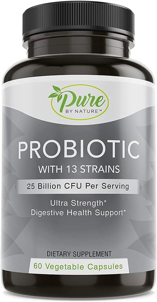 Pure by Nature Probiotika for kvinder & mænd, 13 Stammer med 25 Millioner CFU, Probiotika for fordøjelsessygdomme, Gut Health, immunforsvar, Bloating & Constipation, Vegan & Shelf- Stable, 60 Kapsler